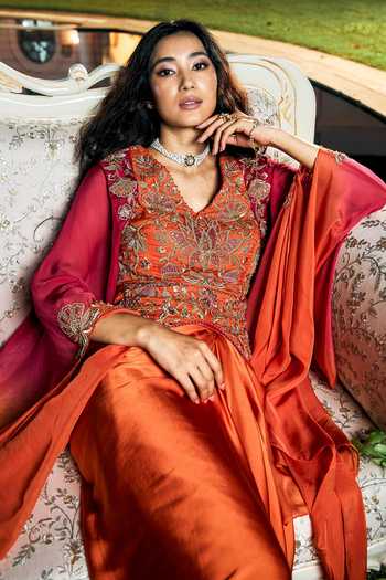 Shop_Shreeka_Orange Organza, Satin, Modal Embroidery, Cape Sleeve Waistcoat And Skirt Set _Online_at_Aza_Fashions