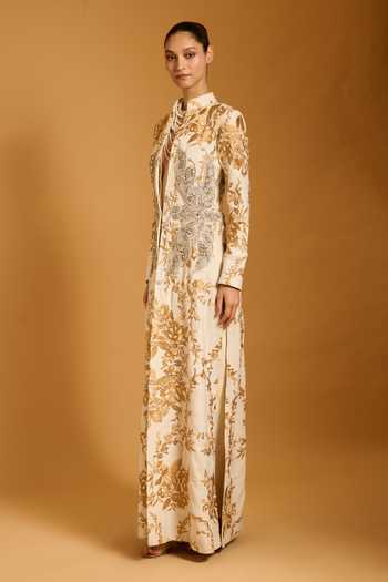 Siddartha Tytler_Ivory Zari, Stones Mandarin Collar Trifecta Dragonfly Embroidered Long Jacket _Online_at_Aza_Fashions