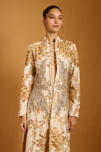 Buy_Siddartha Tytler_Ivory Zari, Stones Mandarin Collar Trifecta Dragonfly Embroidered Long Jacket _Online_at_Aza_Fashions