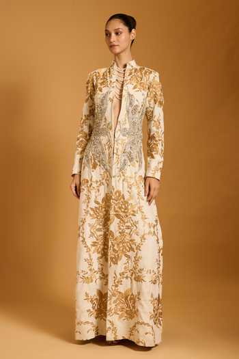 Buy_Siddartha Tytler_Ivory Zari, Stones Mandarin Collar Trifecta Dragonfly Embroidered Long Jacket _at_Aza_Fashions