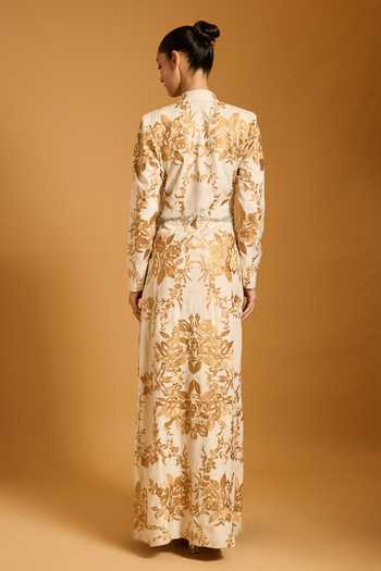 Shop_Siddartha Tytler_Ivory Zari, Stones Mandarin Collar Trifecta Dragonfly Embroidered Long Jacket _at_Aza_Fashions
