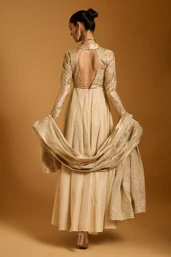 Shop_Siddartha Tytler_Beige Chanderi Zari, Applique V-neck Anarkali Set _at_Aza_Fashions