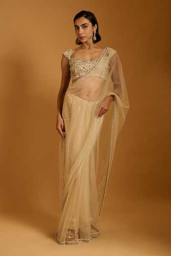 Buy_Siddartha Tytler_Beige Net Stones, Mirrors, Embroidery, Sequins, Beads Saree With Blouse _at_Aza_Fashions