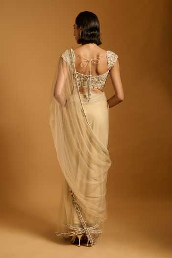 Shop_Siddartha Tytler_Beige Net Stones, Mirrors, Embroidery, Sequins, Beads Saree With Blouse _at_Aza_Fashions