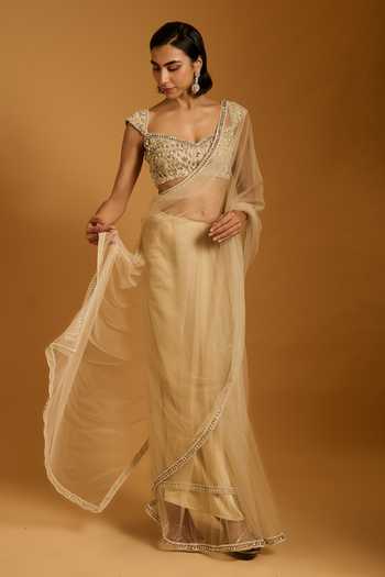 Siddartha Tytler_Beige Net Stones, Mirrors, Embroidery, Sequins, Beads Saree With Blouse _Online_at_Aza_Fashions