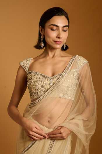 Buy_Siddartha Tytler_Beige Net Stones, Mirrors, Embroidery, Sequins, Beads Saree With Blouse _Online_at_Aza_Fashions