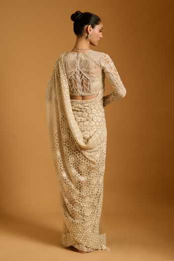 Shop_Siddartha Tytler_Ivory Net Embroidery, Sequins Round Neck Saree With Blouse _at_Aza_Fashions