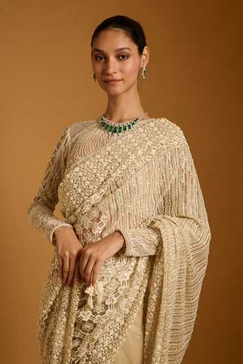 Buy_Siddartha Tytler_Ivory Net Embroidery, Sequins Round Neck Saree With Blouse _Online_at_Aza_Fashions