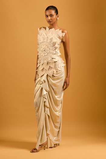 Siddartha Tytler_Ivory Gold Petal Applique Work Draped Skirt _Online_at_Aza_Fashions