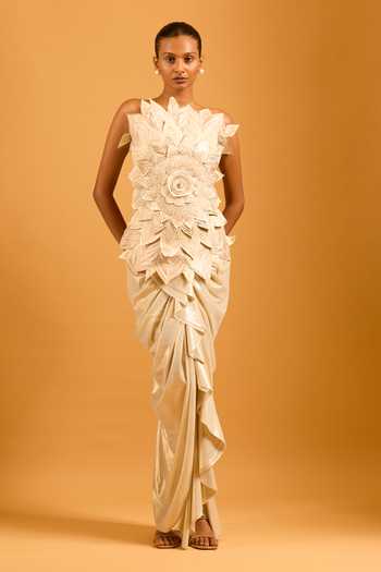 Buy_Siddartha Tytler_Ivory Gold Petal Applique Work Draped Skirt _at_Aza_Fashions