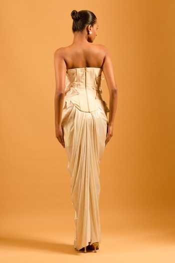 Shop_Siddartha Tytler_Ivory Gold Petal Applique Work Draped Skirt _at_Aza_Fashions