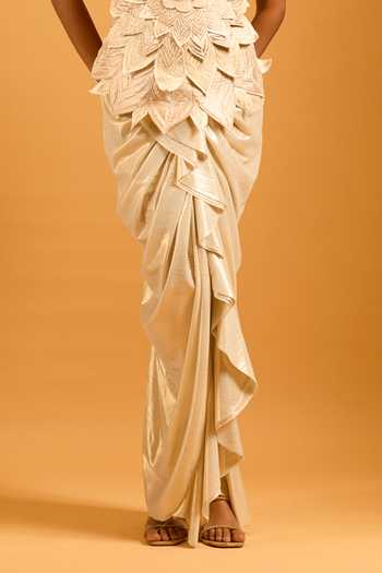 Buy_Siddartha Tytler_Ivory Gold Petal Applique Work Draped Skirt _Online_at_Aza_Fashions