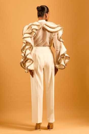 Shop_Siddartha Tytler_Ivory Organza Zari, Ruffles High Neck Metallic-trim Shirt _at_Aza_Fashions