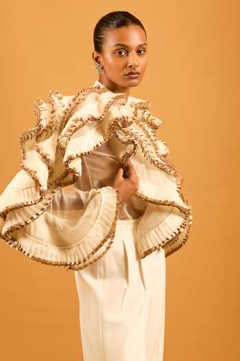 Siddartha Tytler_Ivory Organza Zari, Ruffles High Neck Metallic-trim Shirt _Online_at_Aza_Fashions