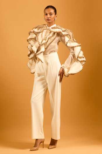 Buy_Siddartha Tytler_Ivory Organza Zari, Ruffles High Neck Metallic-trim Shirt _Online_at_Aza_Fashions