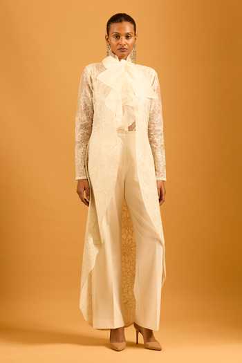 Buy_Siddartha Tytler_Ivory Organza Embroidery Open Neck Lattice High-low Jacket _at_Aza_Fashions