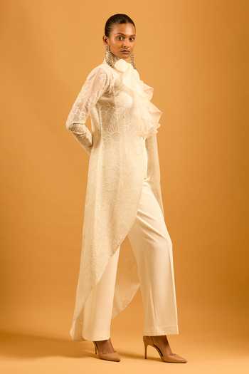 Siddartha Tytler_Ivory Organza Embroidery Open Neck Lattice High-low Jacket _Online_at_Aza_Fashions