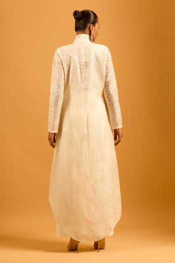 Shop_Siddartha Tytler_Ivory Organza Embroidery Open Neck Lattice High-low Jacket _at_Aza_Fashions