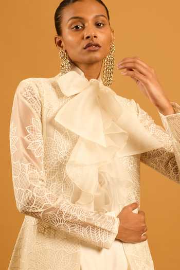 Buy_Siddartha Tytler_Ivory Organza Embroidery Open Neck Lattice High-low Jacket _Online_at_Aza_Fashions