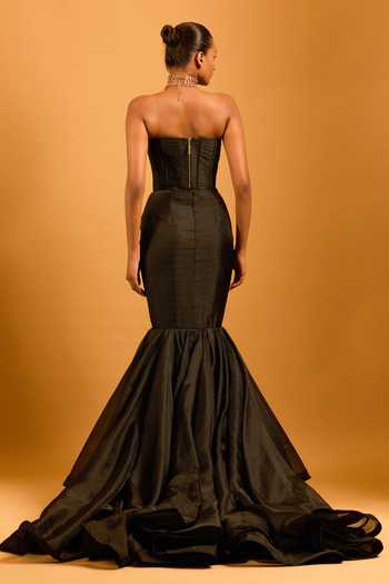 Shop_Siddartha Tytler_Black Dupion Zari Bandeau Neck Structured Stripe Pattern Corset Top _at_Aza_Fashions