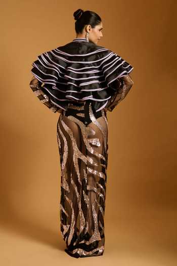 Shop_Siddartha Tytler_Black Organza Ruffles Band Collar Trifecta Jacket _at_Aza_Fashions