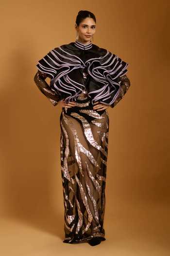 Siddartha Tytler_Black Organza Ruffles Band Collar Trifecta Jacket _Online_at_Aza_Fashions
