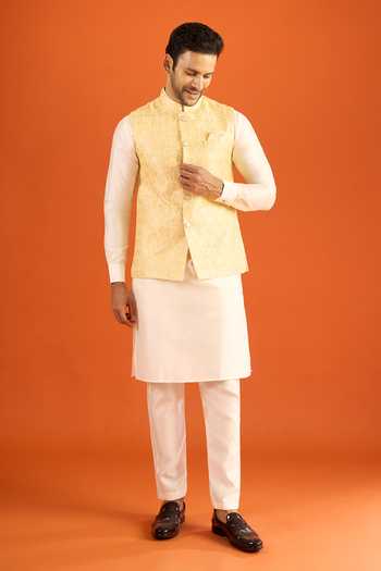 Buy_Arihant Rai Sinha_Yellow Silk Embroidery Nehru Jacket _Online_at_Aza_Fashions