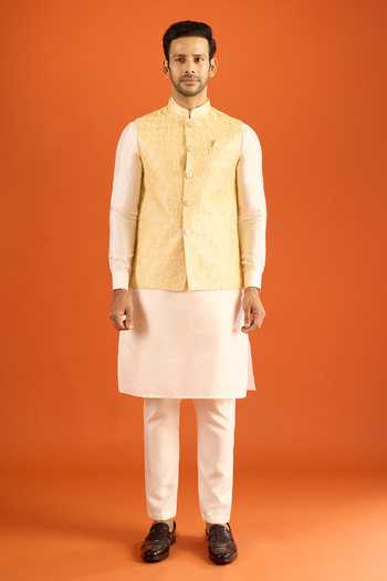 Shop_Arihant Rai Sinha_Yellow Silk Embroidery Nehru Jacket _Online_at_Aza_Fashions