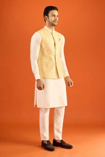 Arihant Rai Sinha_Yellow Silk Embroidery Nehru Jacket _at_Aza_Fashions