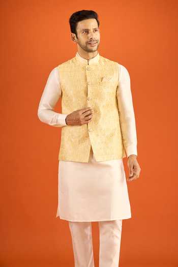 Shop_Arihant Rai Sinha_Yellow Silk Embroidery Nehru Jacket 