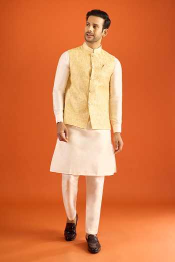Buy_Arihant Rai Sinha_Yellow Silk Embroidery Nehru Jacket _at_Aza_Fashions
