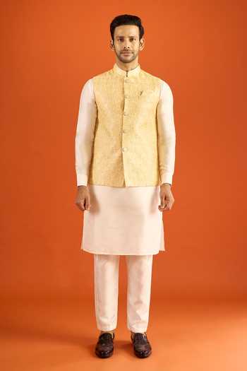 Arihant Rai Sinha_Yellow Silk Embroidery Nehru Jacket _Online