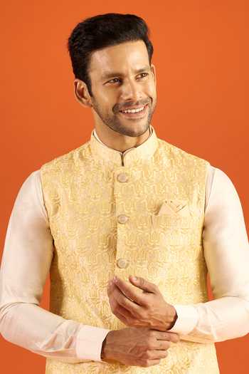 Shop_Arihant Rai Sinha_Yellow Silk Embroidery Nehru Jacket _Online