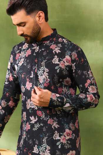 Buy_Spring Break_Black Silk, Cotton Digital Print Kurta Set _Online_at_Aza_Fashions