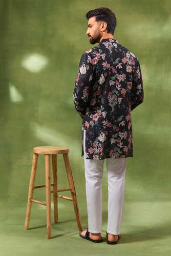 Shop_Spring Break_Black Silk, Cotton Digital Print Kurta Set _at_Aza_Fashions