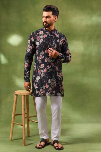 Shop_Spring Break_Black Silk, Cotton Digital Print Kurta Set _Online_at_Aza_Fashions