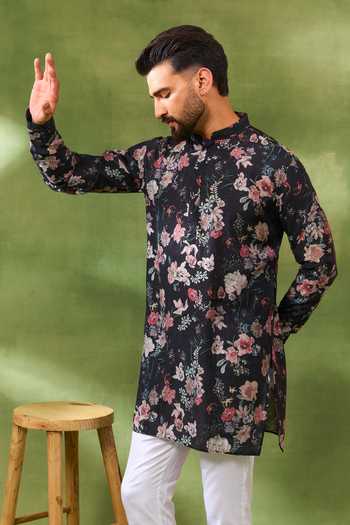 Spring Break_Black Silk, Cotton Digital Print Kurta Set _at_Aza_Fashions