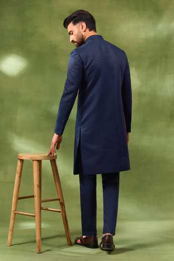 Shop_Spring Break_Blue Silk, , Satin Embroidery Geometric Sherwani Set _at_Aza_Fashions