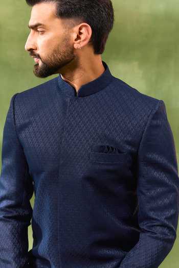 Buy_Spring Break_Blue Silk, , Satin Embroidery Geometric Sherwani Set _Online_at_Aza_Fashions
