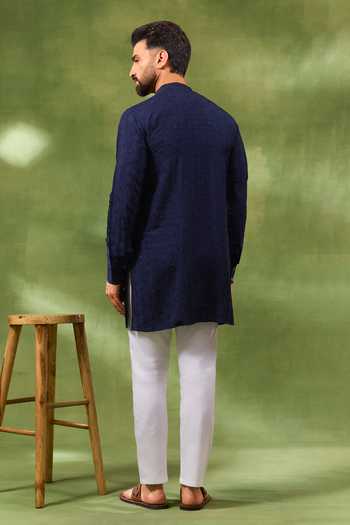 Shop_Spring Break_Blue Silk, Cotton Embroidery Navy Thread Kurta Set _at_Aza_Fashions