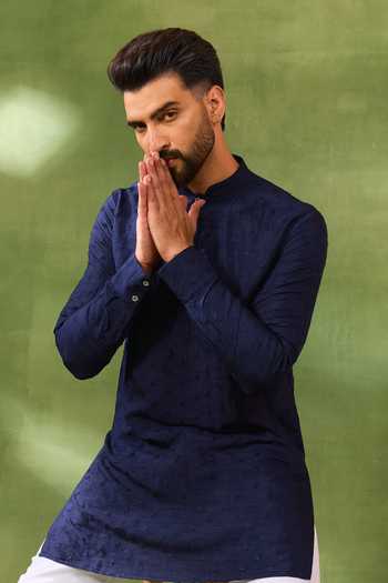 Shop_Spring Break_Blue Silk, Cotton Embroidery Navy Thread Kurta Set _Online_at_Aza_Fashions