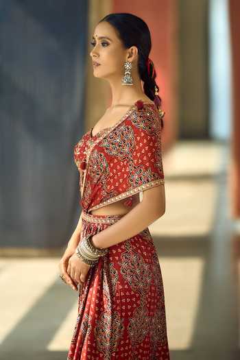 Shop_Samyukta Singhania_Maroon Satin, Viscose, Modal Zari, Geometric Print Pre-draped Saree With Blouse _Online_at_Aza_Fashions
