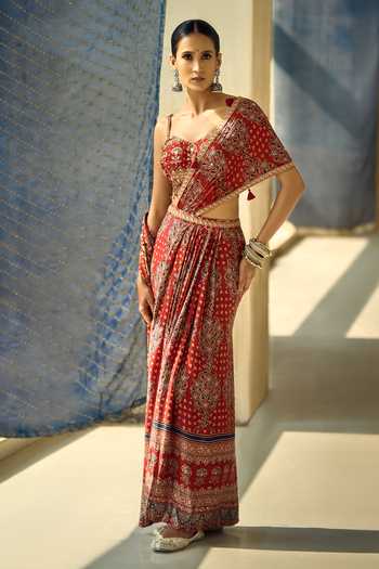 Shop_Samyukta Singhania_Maroon Satin, Viscose, Modal Zari, Geometric Print Pre-draped Saree With Blouse 