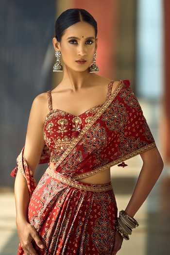 Shop_Samyukta Singhania_Maroon Satin, Viscose, Modal Zari, Geometric Print Pre-draped Saree With Blouse _Online