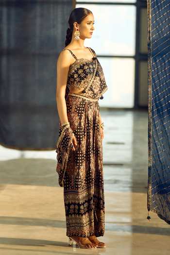 Shop_Samyukta Singhania_Black Satin, Viscose, Modal Embroidery Floral Print Pre-draped Saree With Blouse _Online_at_Aza_Fashions