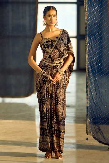 Shop_Samyukta Singhania_Black Satin, Viscose, Modal Embroidery Floral Print Pre-draped Saree With Blouse 