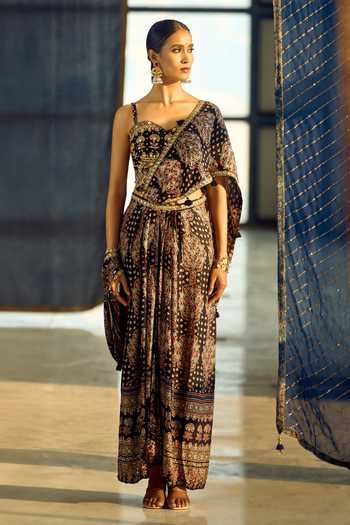 Samyukta Singhania_Black Satin, Viscose, Modal Embroidery Floral Print Pre-draped Saree With Blouse 