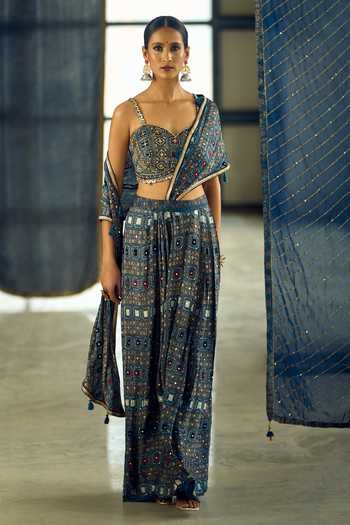 Buy_Samyukta Singhania_Blue Satin, Viscose, Modal Geometric Print Pre-draped Saree With Blouse _Online_at_Aza_Fashions
