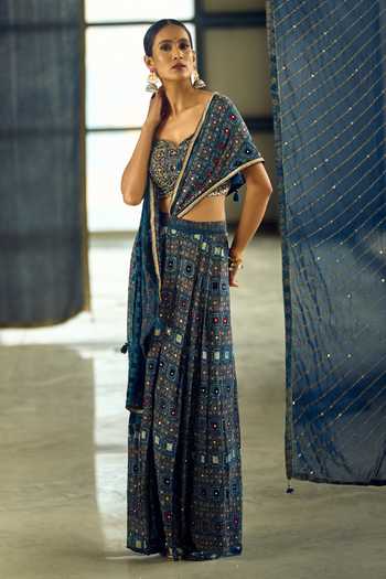 Shop_Samyukta Singhania_Blue Satin, Viscose, Modal Geometric Print Pre-draped Saree With Blouse _Online_at_Aza_Fashions