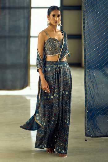 Samyukta Singhania_Blue Satin, Viscose, Modal Geometric Print Pre-draped Saree With Blouse _at_Aza_Fashions